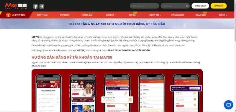 Khuyến m&atilde;i May88 tặng code khởi nghiệp 50k khi đăng k&yacute; t&agrave;i khoản