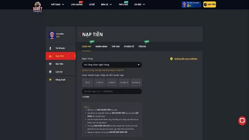 Nạp tiền để bắt đầu h&agrave;nh tr&igrave;nh phi&ecirc;u lưu kỳ th&uacute;