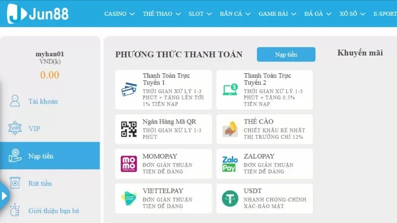 Những phương thức thanh to&aacute;n nh&agrave; c&aacute;i Jun88 đang hỗ trợ cho hội vi&ecirc;n